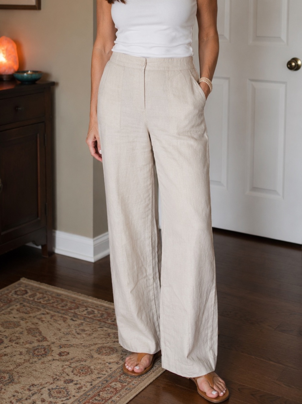 Wonderly  Cream Elastic-Waist Linen-Blend Trousers